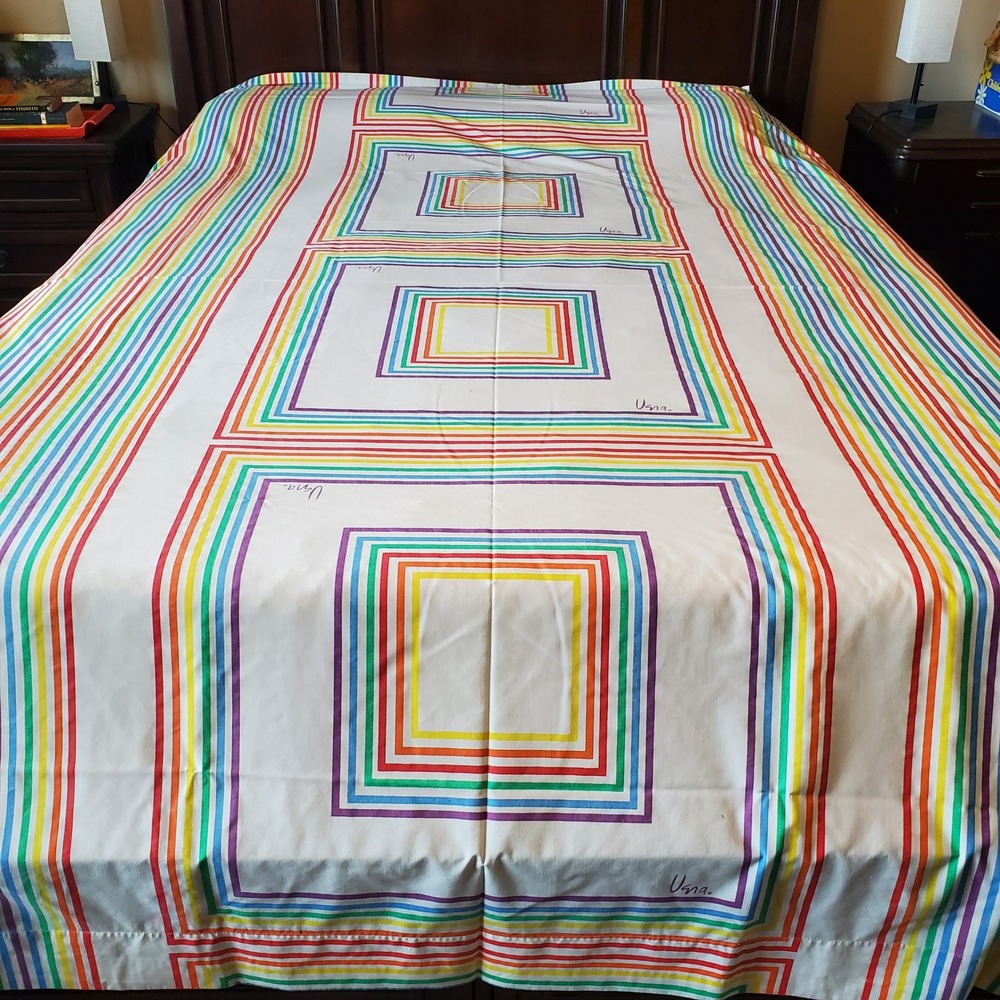 Vintage Vera Neumann Burlington Rainbow Geometric Flat Sheet 90x110 MCM Retro
